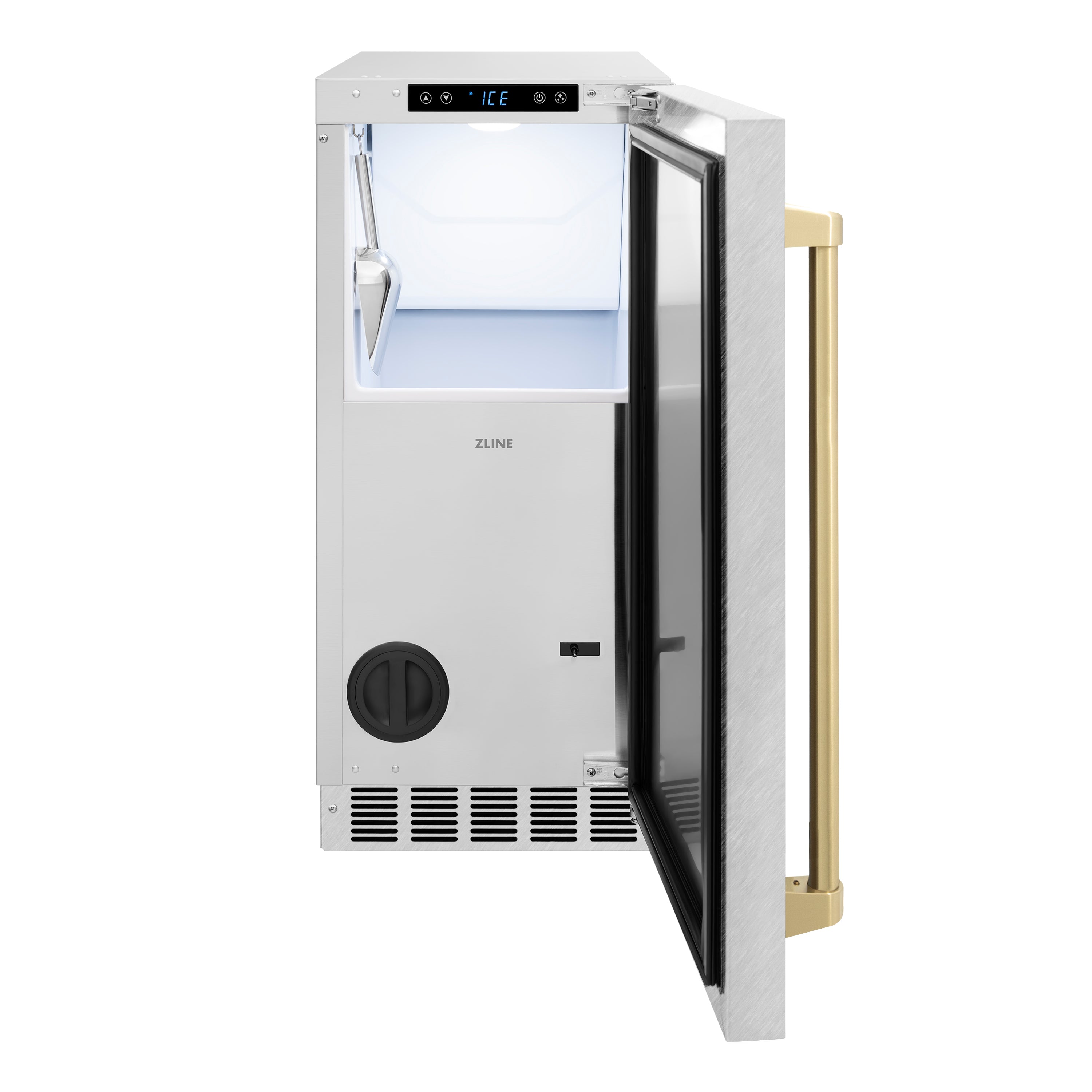 ZLINE Autograph 15" Touchstone Clear Cube Ice Maker with Drain Pump and Satin Stainless Steel Door with Champagne Bronze Handle, ICCDZ-SN-15-CB