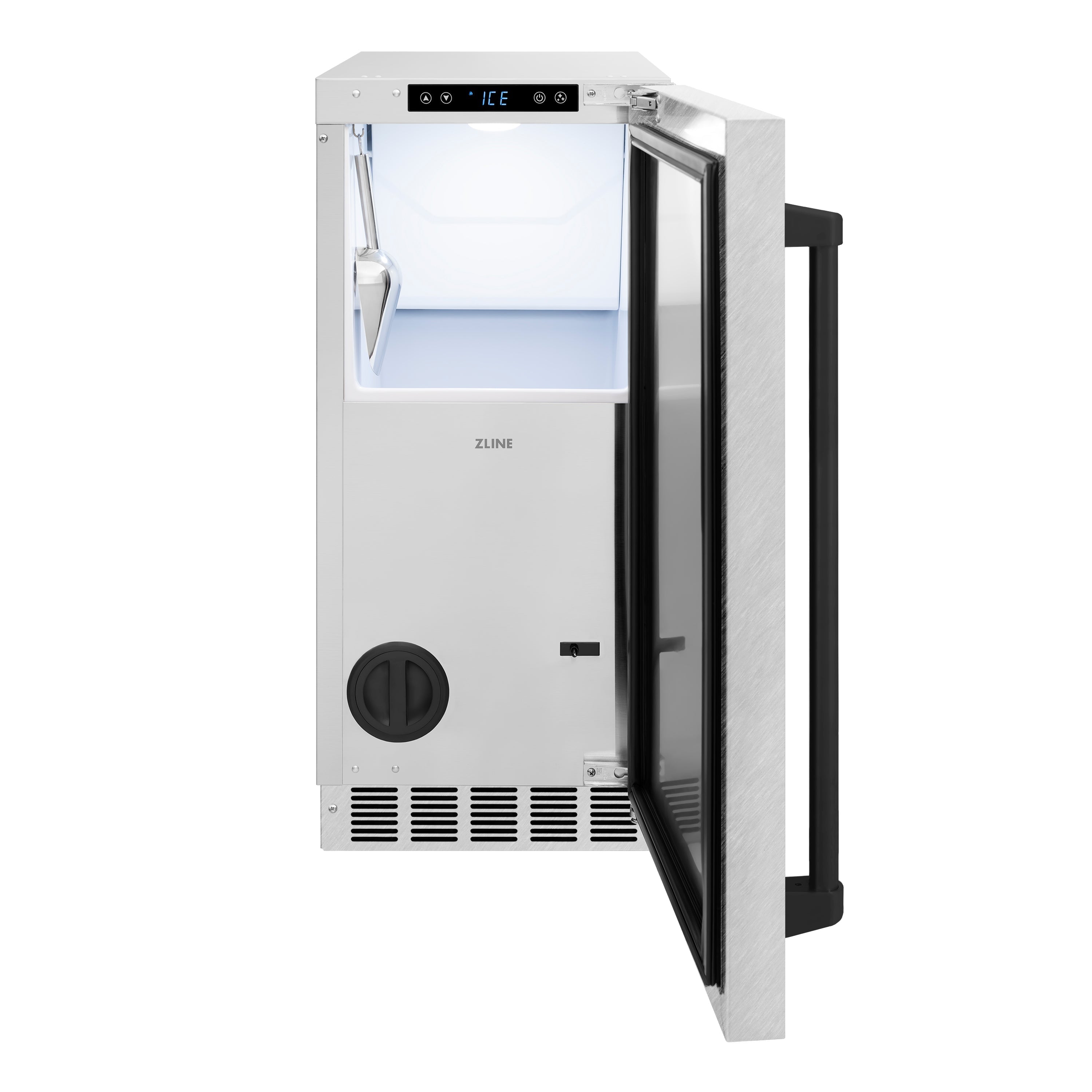 ZLINE Autograph 15" Touchstone Clear Cube Ice Maker with Drain Pump and Satin Stainless Steel Door with Matte Black Handle, ICCDZ-SN-15-MB