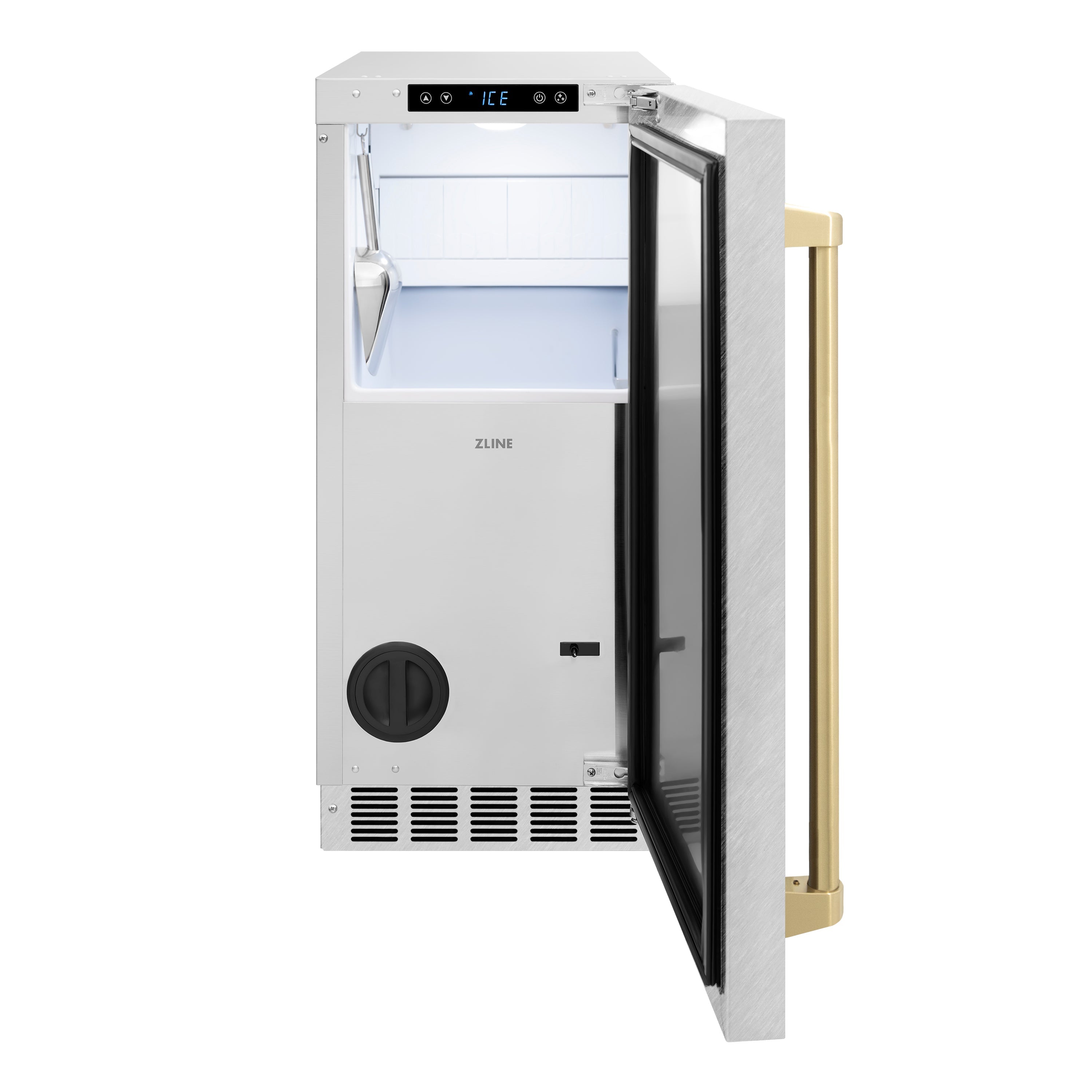 ZLINE Autograph 15" Touchstone Gourmet Ice Maker with Drain Pump and Satin Stainless Steel Door with Champagne Bronze Handle, IGMDZ-SN-15-CB