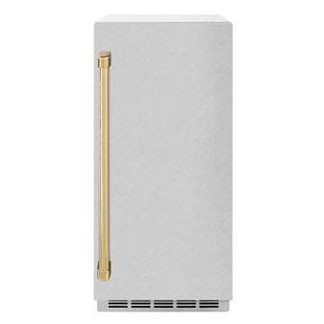 ZLINE Autograph 15" Touchstone Gourmet Ice Maker with Drain Pump and Satin Stainless Steel Door with Polished Gold Handle, IGMDZ-SN-15-G