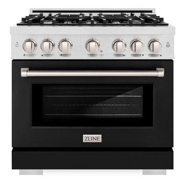 ZLINE 36 in. Dual Fuel Range 5.2 cu. ft. Capacity 6 Burner Gas Cooktop Electric Convection Oven Satin Stainless Steel Black Matte Door (HDRS-BLM-36)