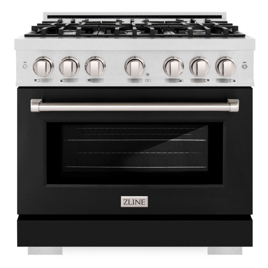 ZLINE 36 in. Dual Fuel Range 5.2 cu. ft. Capacity 6 Burner Gas Cooktop Electric Convection Oven Satin Stainless Steel Black Matte Door (HDRS-BLM-36)