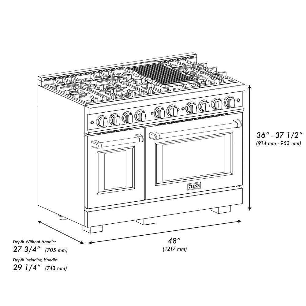 ZLINE 48 in. Gas Range Double Oven 6.7 cu. ft. 8 Burner Cooktop Black Matte Doors Satin Stainless Steel, MODEL HGRS-BLM-48