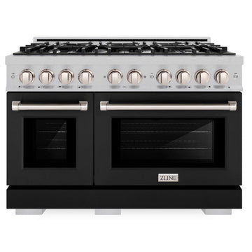 ZLINE 48 in. Gas Range Double Oven 6.7 cu. ft. 8 Burner Cooktop Black Matte Doors Satin Stainless Steel, MODEL HGRS-BLM-48