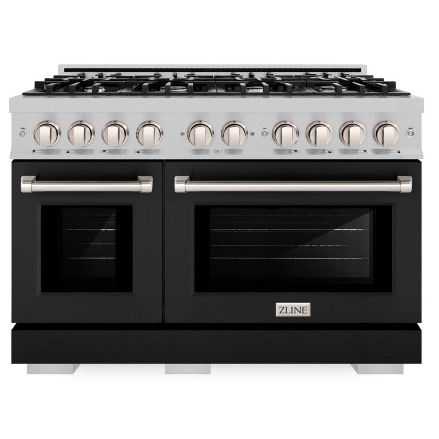 ZLINE 48 in. Gas Range Double Oven 6.7 cu. ft. 8 Burner Cooktop Black Matte Doors Satin Stainless Steel, MODEL HGRS-BLM-48