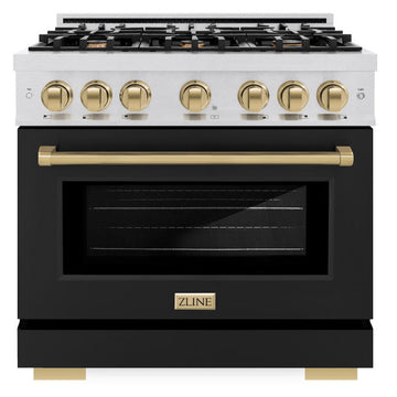 ZLINE 36 in. Dual Fuel Range 5.2 cu. ft. – 6 Burner Gas Cooktop, Electric Convection Oven, Satin Stainless Steel with Black Matte Door & Champagne Bronze Accents (HDRSZ-BLM-36-CB)