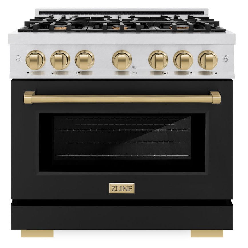 ZLINE 36 in. Dual Fuel Range 5.2 cu. ft. – 6 Burner Gas Cooktop, Electric Convection Oven, Satin Stainless Steel with Black Matte Door & Champagne Bronze Accents (HDRSZ-BLM-36-CB)