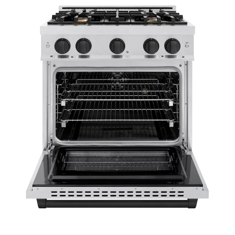 ZLINE 30 in. Select Dual Fuel Range 4.2 cu. ft. 4 Burner Gas Cooktop Electric Convection Oven Satin Stainless Steel Matte Black Accents (HDRSZ-30-MB)