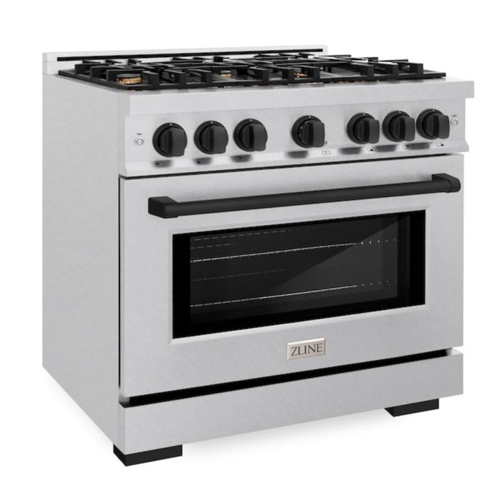 ZLINE 36 in. Dual Fuel Range 5.2 cu. ft. 6 Burner Gas Cooktop Electric Convection Oven Satin Stainless Steel with Matte Black Accents (HDRSZ-36-MB)