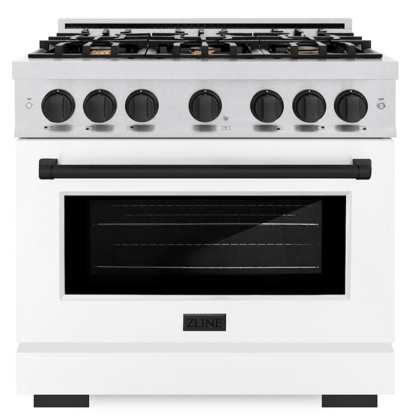 ZLINE 36 in. Dual Fuel Range 5.2 cu. ft. 6 Burner Gas Cooktop Electric Convection Oven Satin Stainless Steel White Matte Door Matte Black Accents (HDRSZ-WM-36-MB)