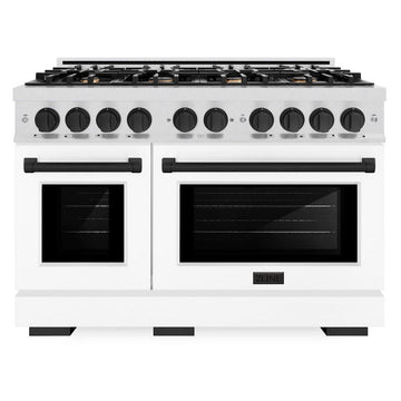 ZLINE 48 in. Dual Fuel Range – Double Oven, 8 Burner Gas Cooktop, 6.7 cu. ft., Satin Stainless Steel with White Matte Doors and Matte Black Accents (HDRSZ-WM-48-MB)