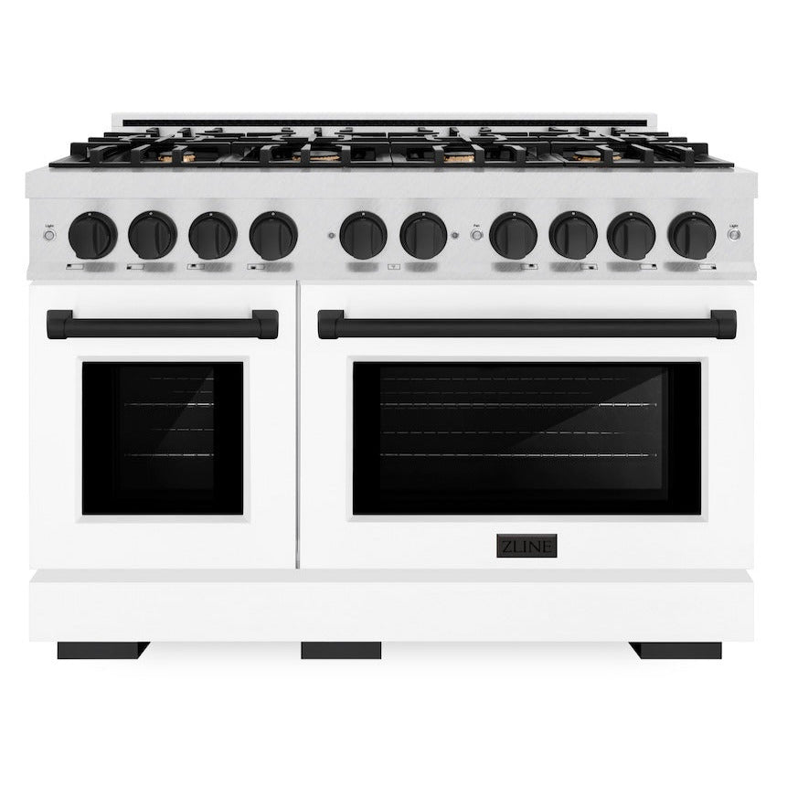 ZLINE 48 in. Dual Fuel Range – Double Oven, 8 Burner Gas Cooktop, 6.7 cu. ft., Satin Stainless Steel with White Matte Doors and Matte Black Accents (HDRSZ-WM-48-MB)