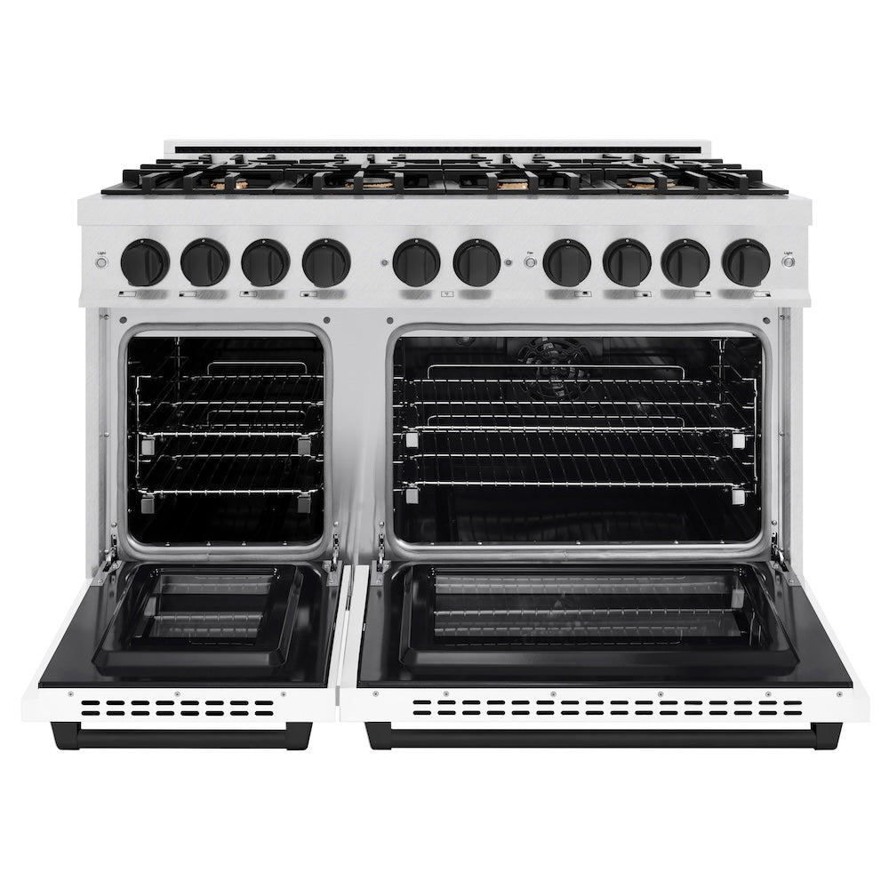 ZLINE 48 in. Dual Fuel Range – Double Oven, 8 Burner Gas Cooktop, 6.7 cu. ft., Satin Stainless Steel with White Matte Doors and Matte Black Accents (HDRSZ-WM-48-MB)