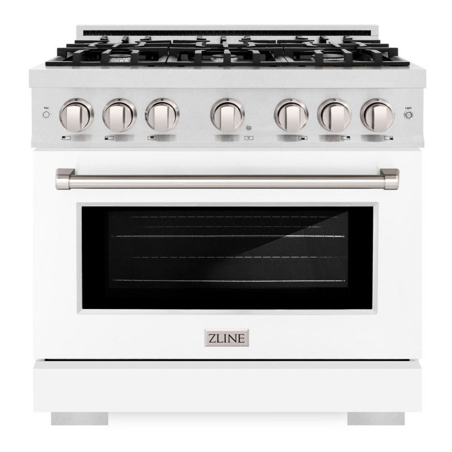 ZLINE 36 in. Dual Fuel Range 5.2 cu. ft. Gas Cooktop with 6 Burners, Electric Convection Oven, Satin Stainless Steel with White Matte Door (HDRS-WM-36)