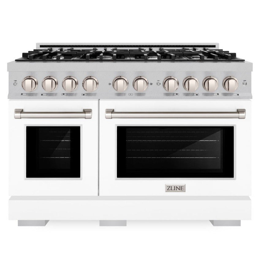 ZLINE 48 in. Dual Fuel Range 6.7 cu. ft. Capacity 8 Burner Gas Cooktop Double Oven Satin Stainless Steel with White Matte Doors (HDRS-WM-48)