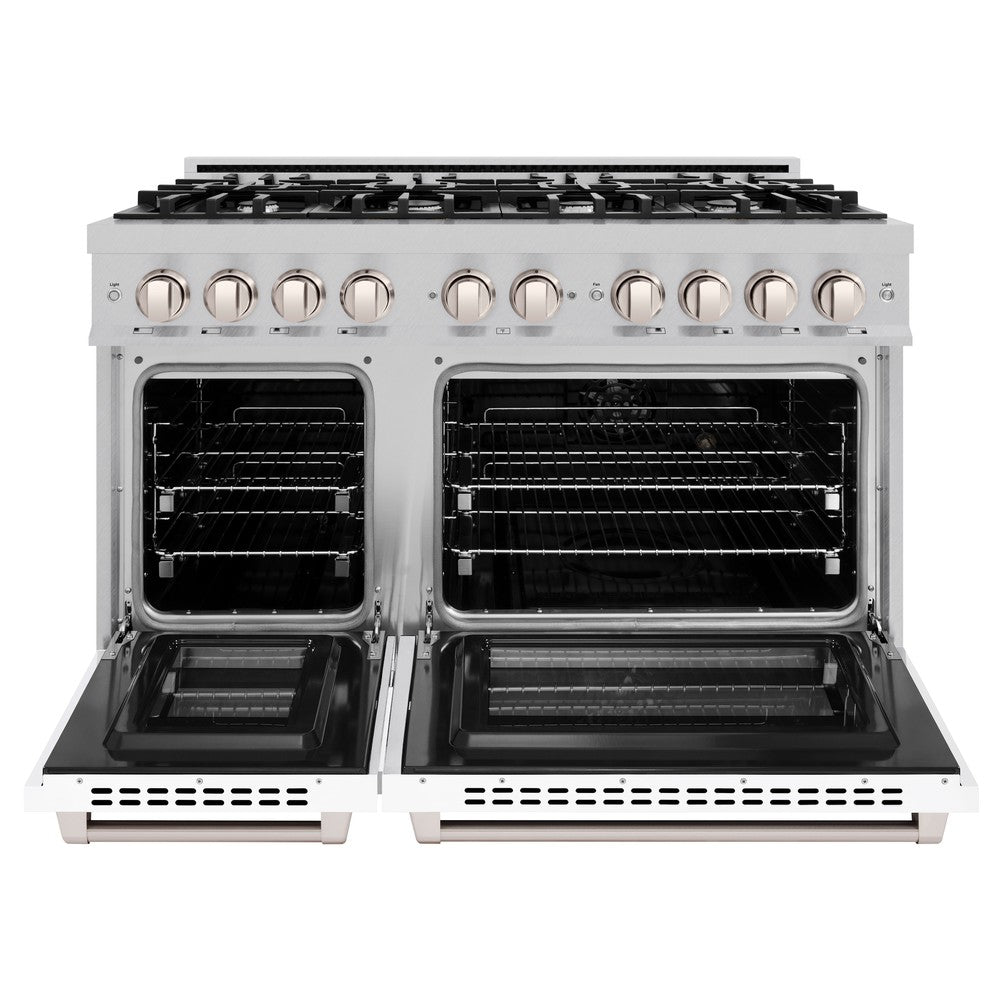 ZLINE 48 in. Dual Fuel Range 6.7 cu. ft. Capacity 8 Burner Gas Cooktop Double Oven Satin Stainless Steel with White Matte Doors (HDRS-WM-48)