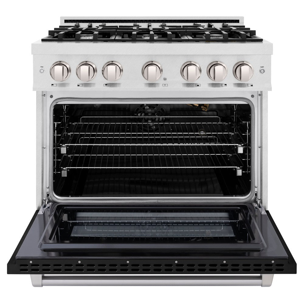ZLINE 36 in. Gas Range 5.2 cu. ft. 6-Burner Cooktop Convection Oven Satin Stainless Steel with Black Matte Door (HGRS-BLM-36)