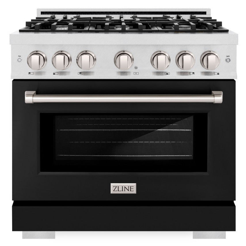 ZLINE 36 in. Gas Range 5.2 cu. ft. 6-Burner Cooktop Convection Oven Satin Stainless Steel with Black Matte Door (HGRS-BLM-36)