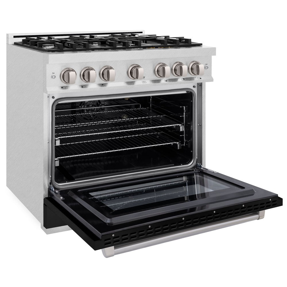 ZLINE 36 in. Gas Range 5.2 cu. ft. 6-Burner Cooktop Convection Oven Satin Stainless Steel with Black Matte Door (HGRS-BLM-36)