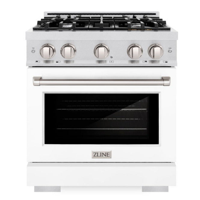 ZLINE 30 in. Gas Range 4.2 cu. ft. 4 Burner Cooktop Convection Gas Oven Satin Stainless Steel White Matte Door (HGRS-WM-30)