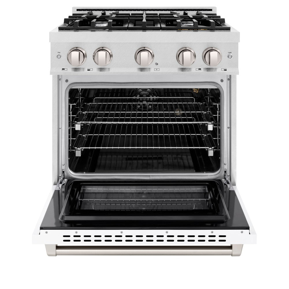 ZLINE 30 in. Gas Range 4.2 cu. ft. 4 Burner Cooktop Convection Gas Oven Satin Stainless Steel White Matte Door (HGRS-WM-30)