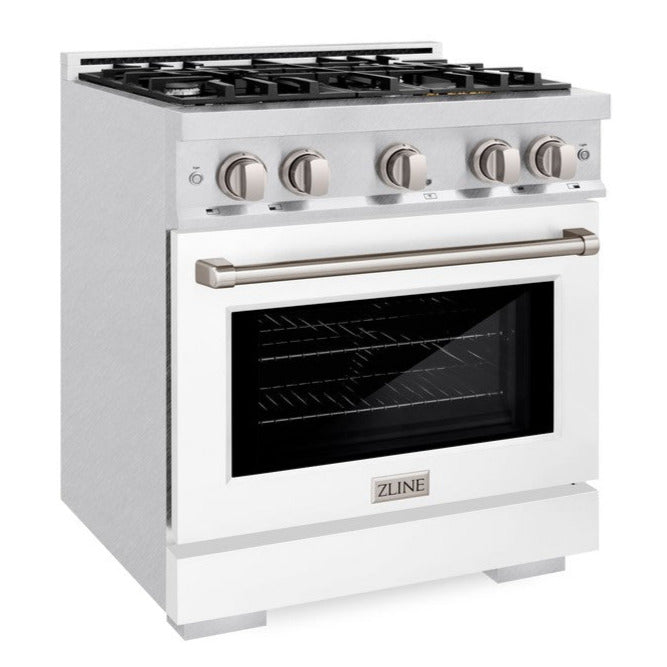 ZLINE 30 in. Gas Range 4.2 cu. ft. 4 Burner Cooktop Convection Gas Oven Satin Stainless Steel White Matte Door (HGRS-WM-30)