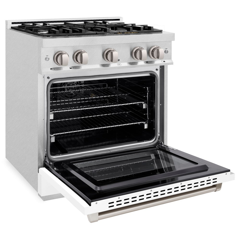 ZLINE 30 in. Gas Range 4.2 cu. ft. 4 Burner Cooktop Convection Gas Oven Satin Stainless Steel White Matte Door (HGRS-WM-30)