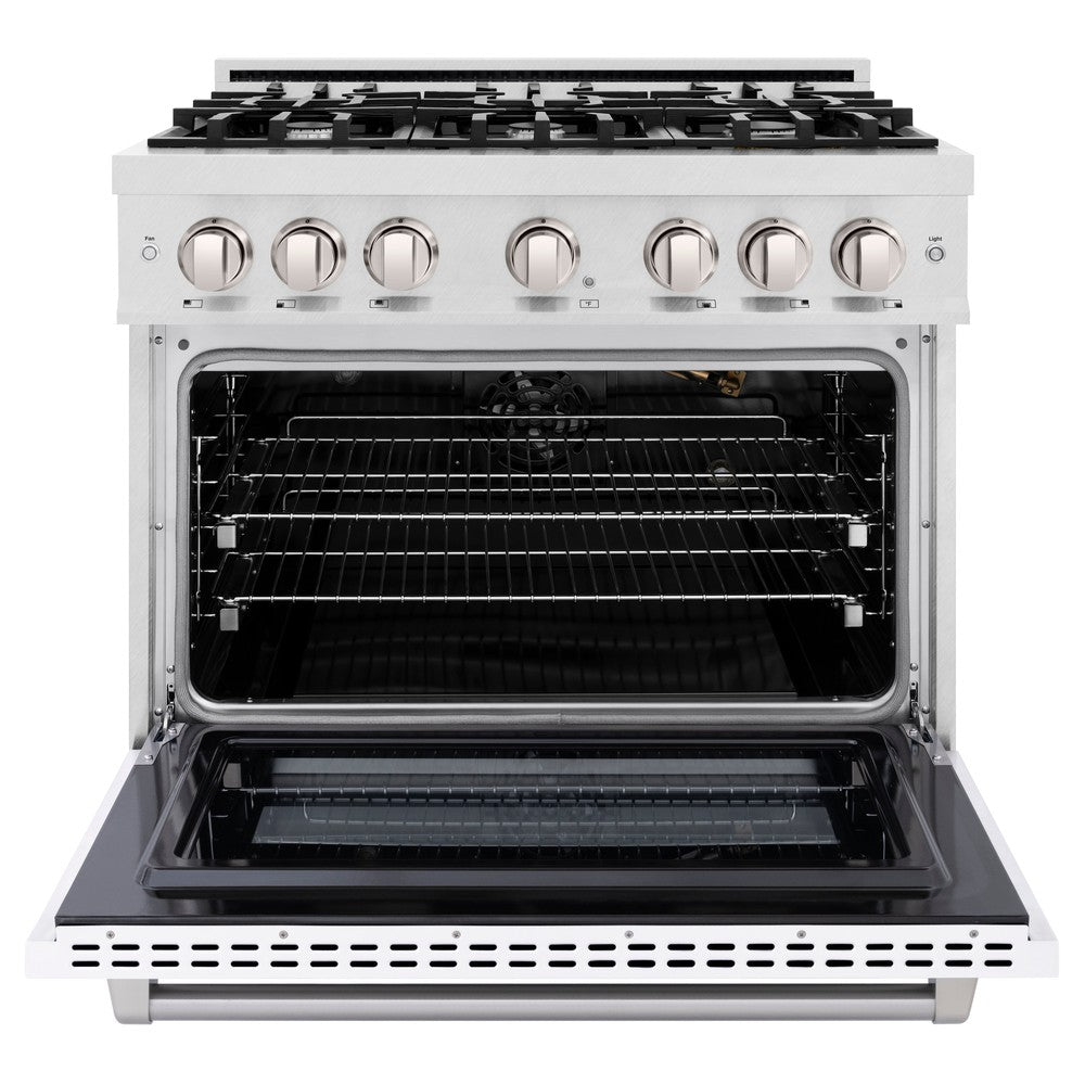 ZLINE 36 in. Gas Range 5.2 cu. ft. Convection Oven with 6 Burner Gas Cooktop, Satin Stainless Steel with White Matte Door (HGRS-WM-36)