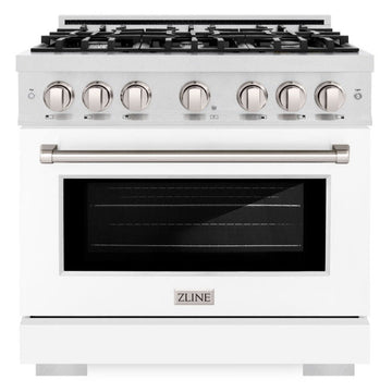 ZLINE 36 in. Gas Range 5.2 cu. ft. Convection Oven with 6 Burner Gas Cooktop, Satin Stainless Steel with White Matte Door (HGRS-WM-36)