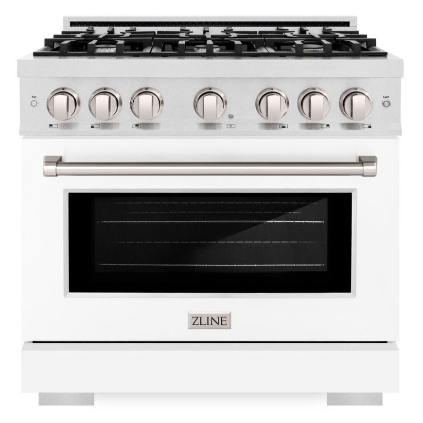 ZLINE 36 in. Gas Range 5.2 cu. ft. Convection Oven with 6 Burner Gas Cooktop, Satin Stainless Steel with White Matte Door (HGRS-WM-36)