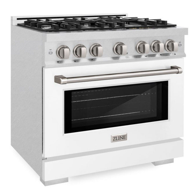ZLINE 36 in. Gas Range 5.2 cu. ft. Convection Oven with 6 Burner Gas Cooktop, Satin Stainless Steel with White Matte Door (HGRS-WM-36)