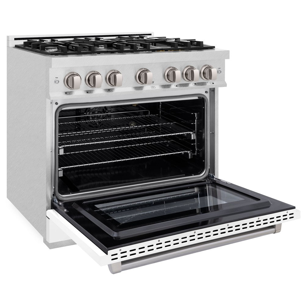 ZLINE 36 in. Gas Range 5.2 cu. ft. Convection Oven with 6 Burner Gas Cooktop, Satin Stainless Steel with White Matte Door (HGRS-WM-36)