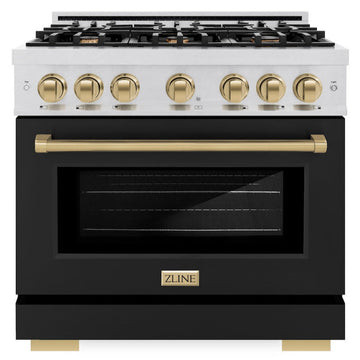 ZLINE 36 in. Gas Range 5.2 cu. ft. 6 Burner Cooktop Convection Gas Oven Satin Stainless Steel with Black Matte Door and Champagne Bronze Accents (HGRSZ-BLM-36-CB)
