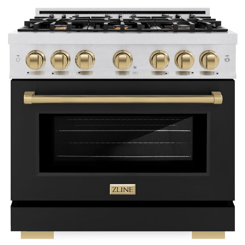 ZLINE 36 in. Gas Range 5.2 cu. ft. 6 Burner Cooktop Convection Gas Oven Satin Stainless Steel with Black Matte Door and Champagne Bronze Accents (HGRSZ-BLM-36-CB)
