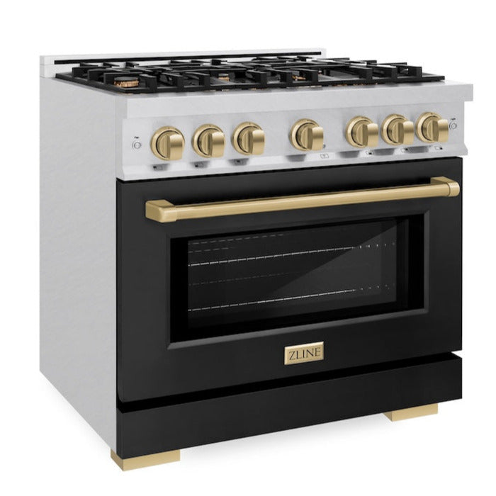 ZLINE 36 in. Gas Range 5.2 cu. ft. 6 Burner Cooktop Convection Gas Oven Satin Stainless Steel with Black Matte Door and Champagne Bronze Accents (HGRSZ-BLM-36-CB)