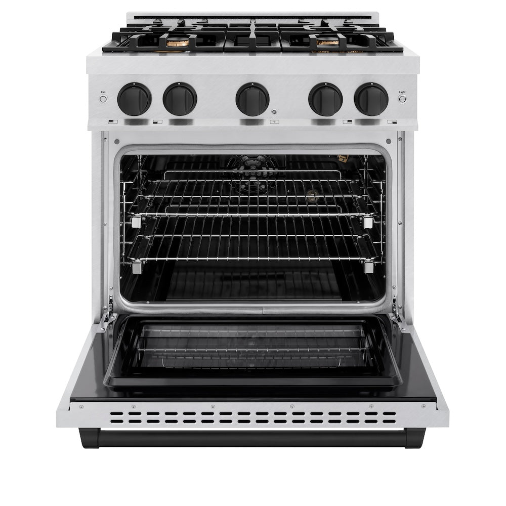 ZLINE 30 in. Gas Range 4.2 cu. ft. 4 Burner Cooktop Convection Oven Satin Stainless Steel Matte Black Accents (HGRSZ-30-MB)