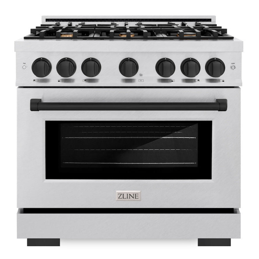 ZLINE 36 in. Gas Range with 6 Burner Cooktop and Convection Gas Oven, 5.2 cu. ft., Satin Stainless Steel with Matte Black Accents (HGRSZ-36-MB)