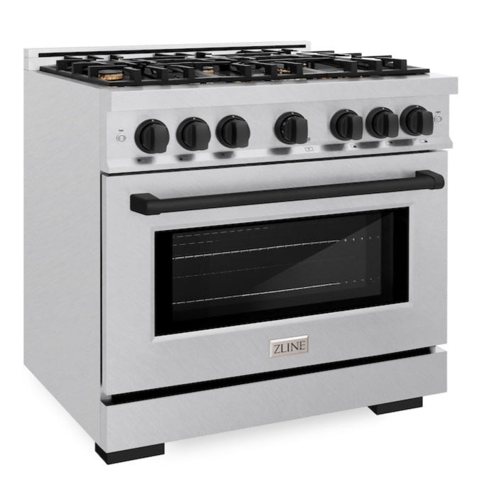 ZLINE 36 in. Gas Range with 6 Burner Cooktop and Convection Gas Oven, 5.2 cu. ft., Satin Stainless Steel with Matte Black Accents (HGRSZ-36-MB)