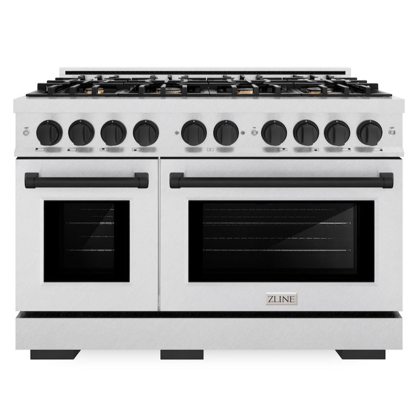 ZLINE 48 in. Double Oven Gas Range 6.7 cu. ft. Select Series with 8 Burner Cooktop, Satin Stainless Steel with Matte Black Accents (HGRSZ-48-MB)