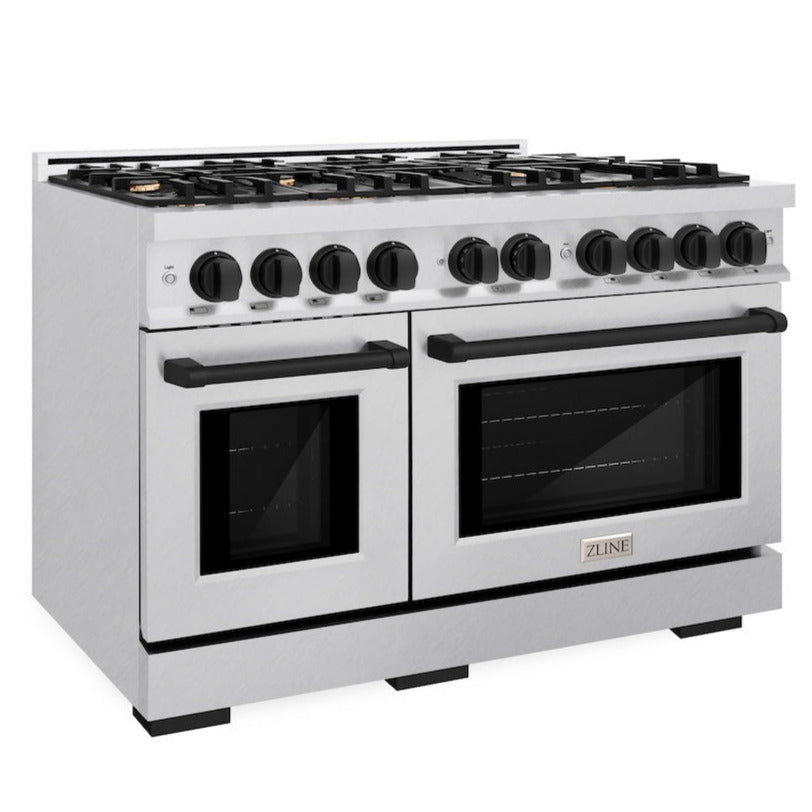 ZLINE 48 in. Double Oven Gas Range 6.7 cu. ft. Select Series with 8 Burner Cooktop, Satin Stainless Steel with Matte Black Accents (HGRSZ-48-MB)
