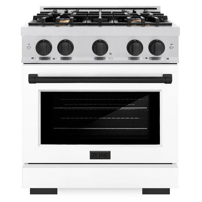 ZLINE 30 in. Gas Range 4.2 cu. ft. 4 Burner Cooktop Convection Gas Oven Satin Stainless Steel with White Matte Door and Matte Black Accents (HGRSZ-WM-30-MB)