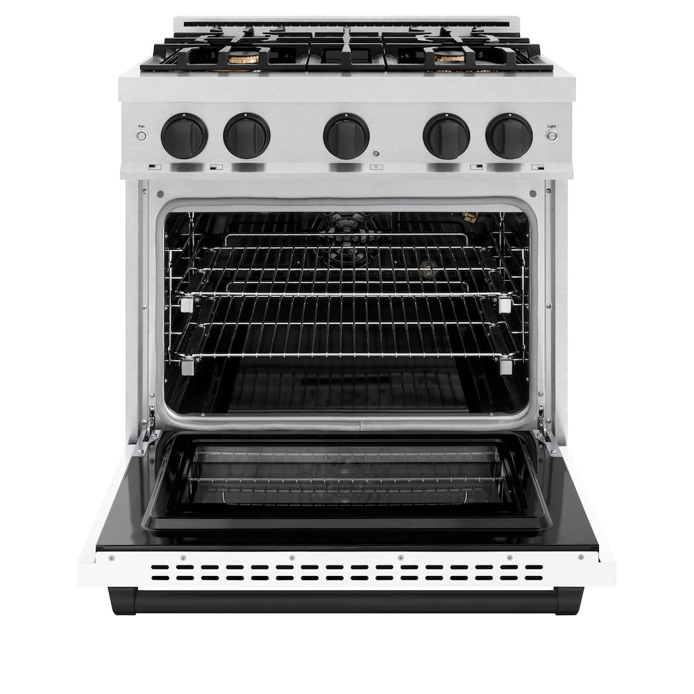 ZLINE 30 in. Gas Range 4.2 cu. ft. 4 Burner Cooktop Convection Gas Oven Satin Stainless Steel with White Matte Door and Matte Black Accents (HGRSZ-WM-30-MB)