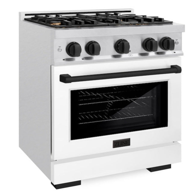 ZLINE 30 in. Gas Range 4.2 cu. ft. 4 Burner Cooktop Convection Gas Oven Satin Stainless Steel with White Matte Door and Matte Black Accents (HGRSZ-WM-30-MB)