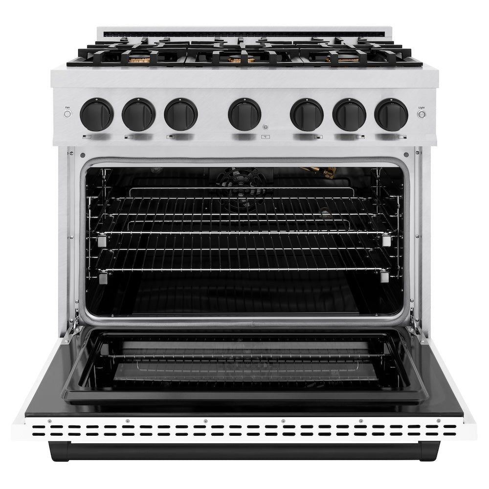 ZLINE 36 in. Gas Range with 6 Burners, 5.2 cu. ft. Convection Gas Oven, Satin Stainless Steel with White Matte Door and Matte Black Accents (HGRSZ-WM-36-MB)