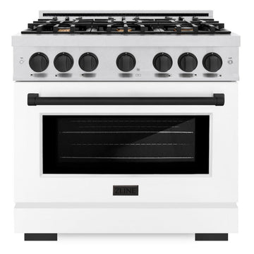 ZLINE 36 in. Gas Range with 6 Burners, 5.2 cu. ft. Convection Gas Oven, Satin Stainless Steel with White Matte Door and Matte Black Accents (HGRSZ-WM-36-MB)
