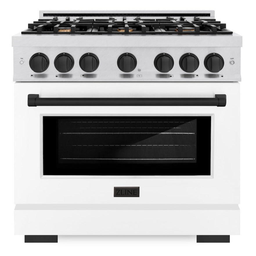ZLINE 36 in. Gas Range with 6 Burners, 5.2 cu. ft. Convection Gas Oven, Satin Stainless Steel with White Matte Door and Matte Black Accents (HGRSZ-WM-36-MB)