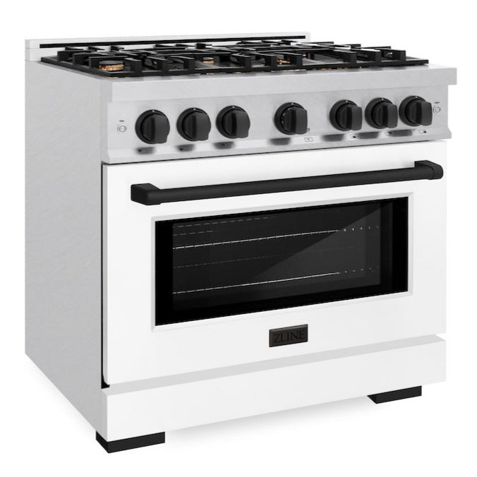 ZLINE 36 in. Gas Range with 6 Burners, 5.2 cu. ft. Convection Gas Oven, Satin Stainless Steel with White Matte Door and Matte Black Accents (HGRSZ-WM-36-MB)