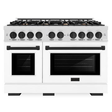 ZLINE 48 in. Double Oven Gas Range 6.7 cu. ft. 8 Burner Cooktop Satin Stainless Steel White Matte Doors Matte Black Accents (HGRSZ-WM-48-MB)