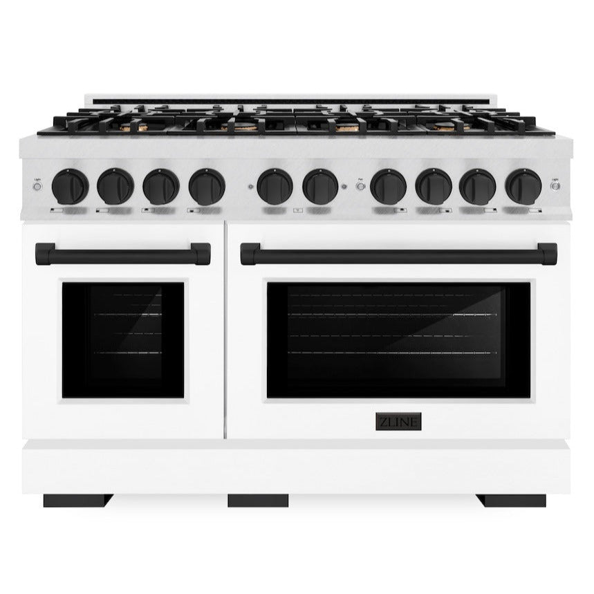ZLINE 48 in. Double Oven Gas Range 6.7 cu. ft. 8 Burner Cooktop Satin Stainless Steel White Matte Doors Matte Black Accents (HGRSZ-WM-48-MB)