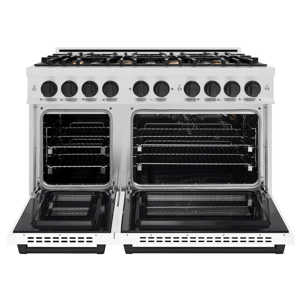 ZLINE 48 in. Double Oven Gas Range 6.7 cu. ft. 8 Burner Cooktop Satin Stainless Steel White Matte Doors Matte Black Accents (HGRSZ-WM-48-MB)